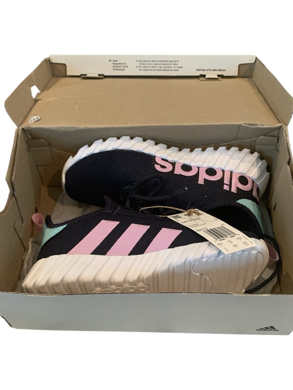 adidas Kids Navy Sneakers with Pink Stripes and Mint Heel
